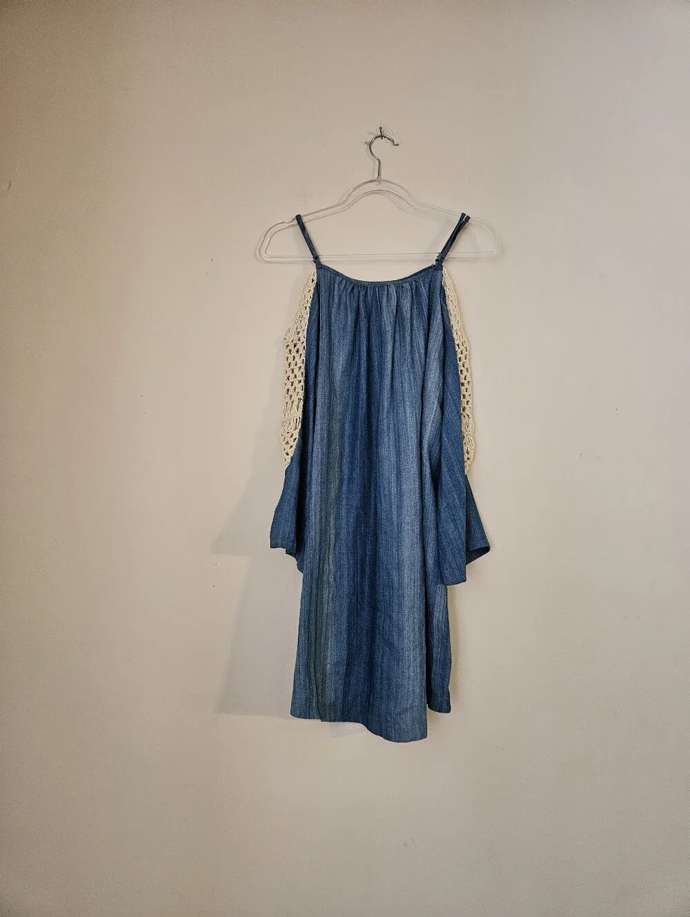 Umgee Blue Chambray Spaghetti Strap Dress with Cream Crochet Sides, Size Large